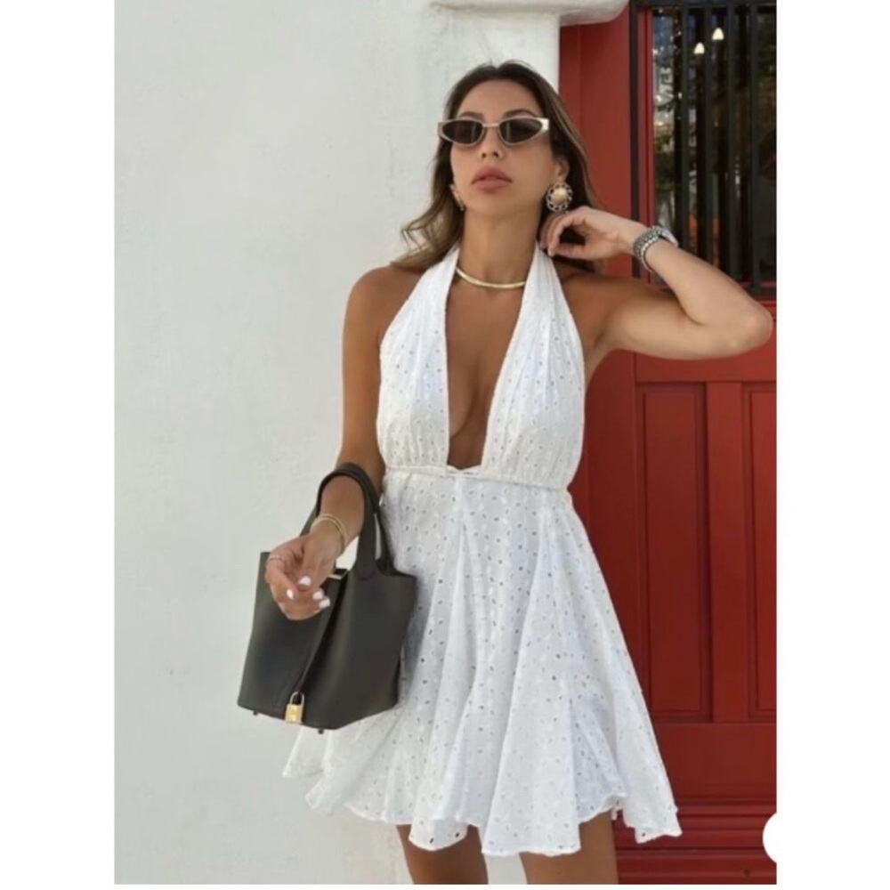 Zara White Eyelet Halter Dress